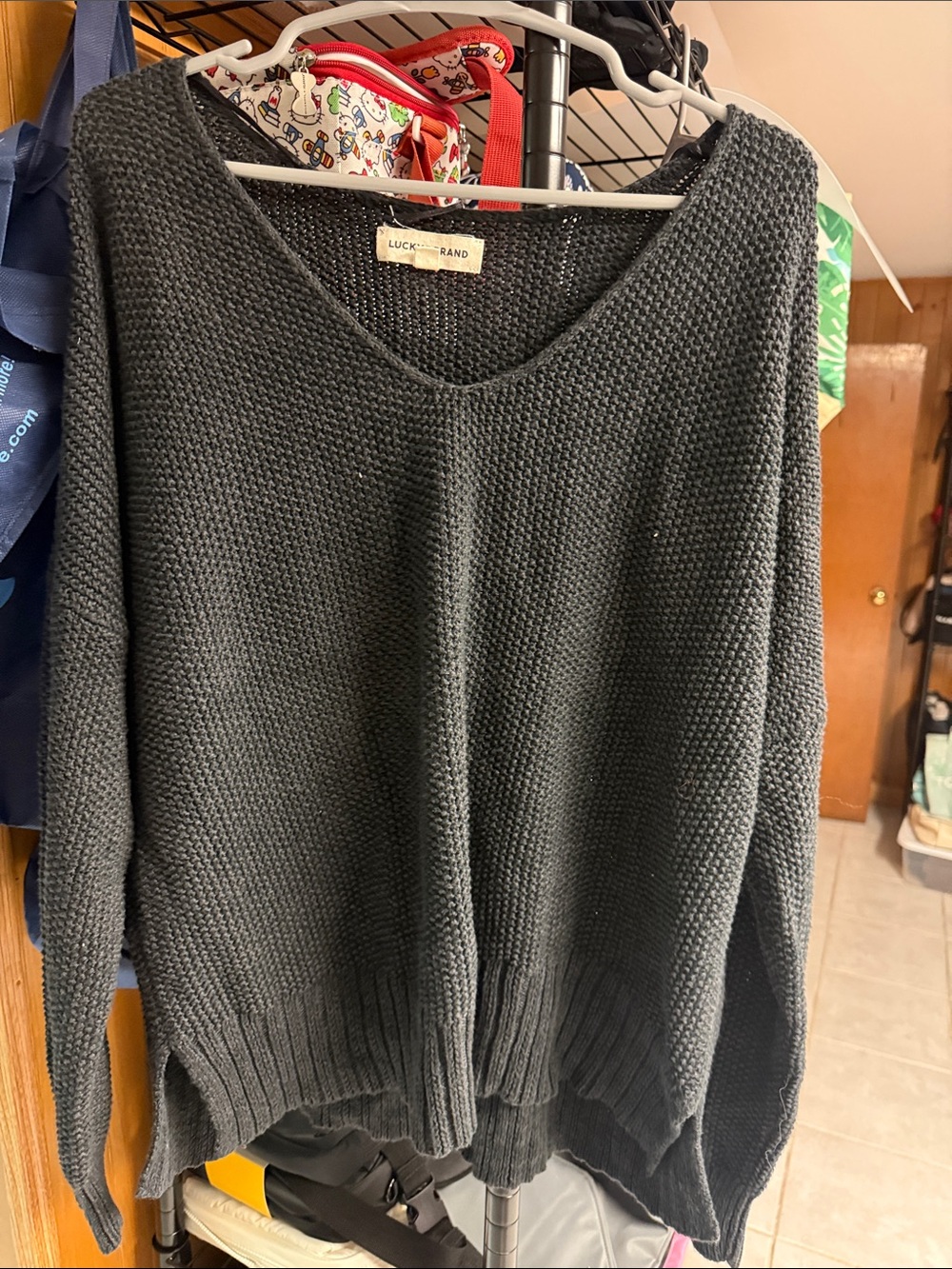 Lucky Brand Women's Charcoal V-Neck Textured Knit Sweater